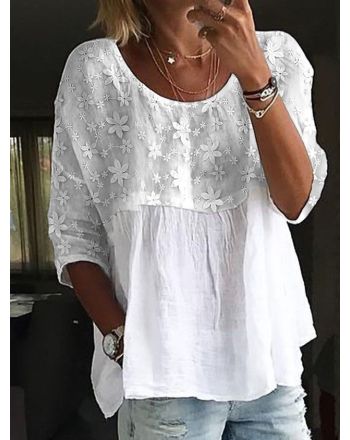 Women's Lace Embroidery Patchwork Linen Loose Crew Neck Split Joint Shirt