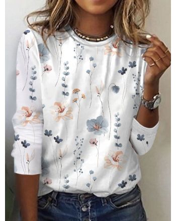 Women's Floral T-Shirt Country Casual Crewneck Knit Long Sleeve Tops