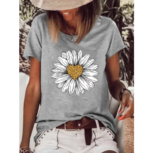 Women's Leopard Print Heart Daisy Graphic Cotton Casual T-Shirt