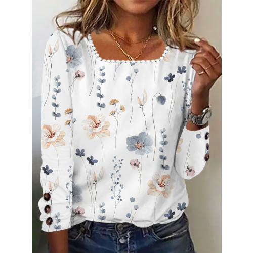 Women's Floral T-shirt Square Neck Casual Buttoned Shirt